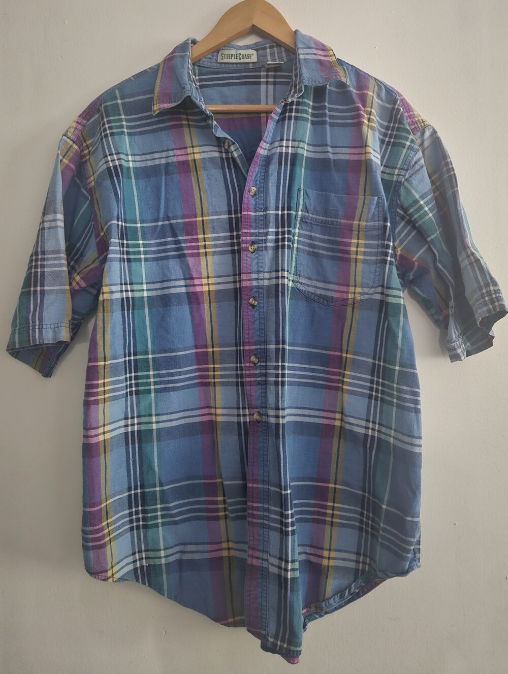 Steeplechase Blue Plaid Cotton Short-Sleeve Button-Down Shirt Large
